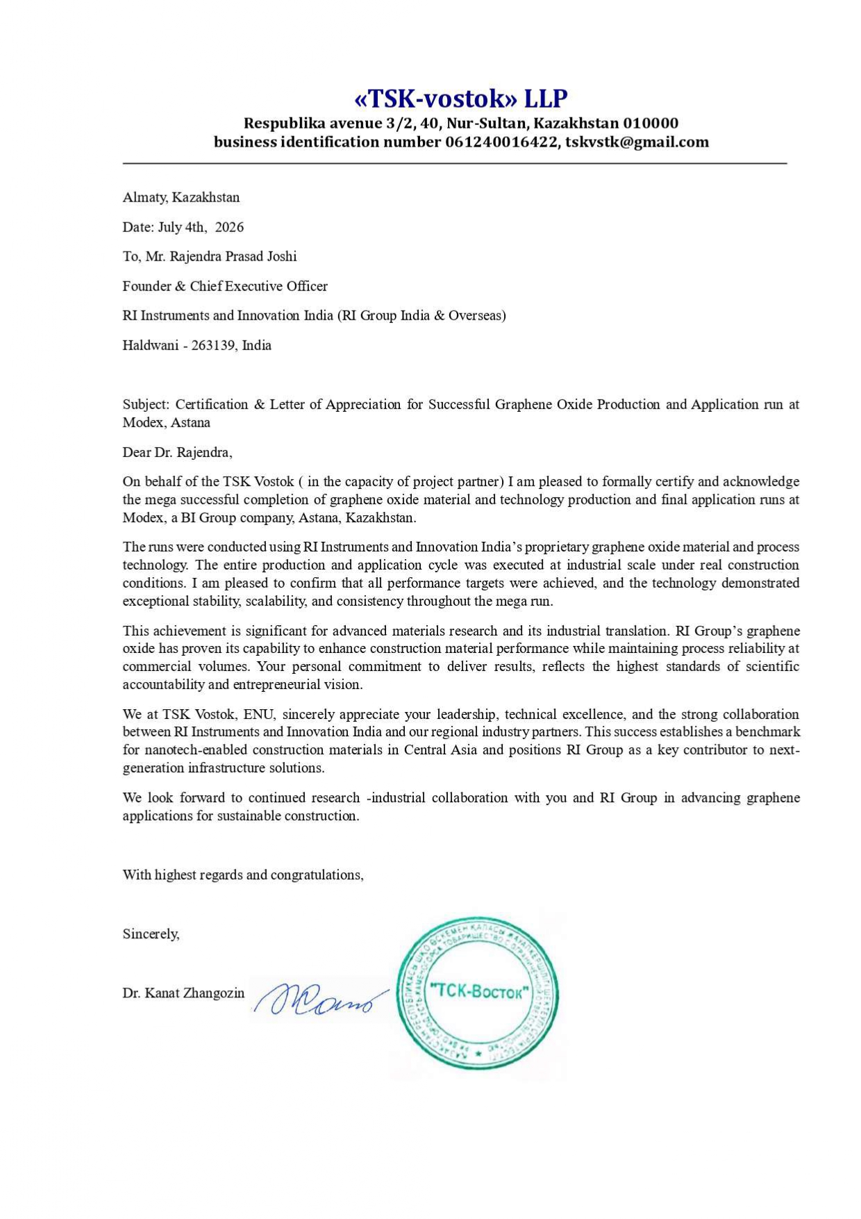 Certification & Letter of Appreciation from TSK-Vostok LLP